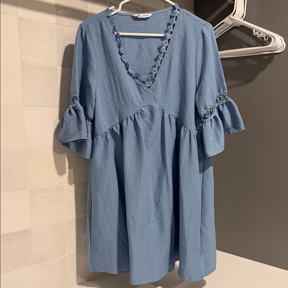 Cupshe Blue Ruffle Sleeve Dress with Lace Detail